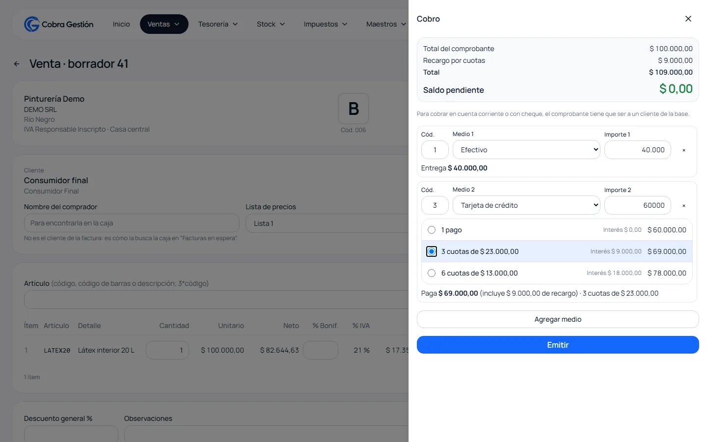 Cobro con efectivo y tarjeta en cuotas: saldo pendiente y simulador de cuotas